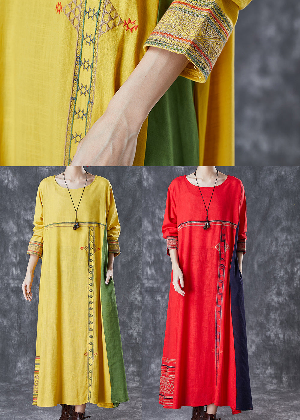 Modern Yellow Embroideried Patchwork Linen Maxi Dresses Spring