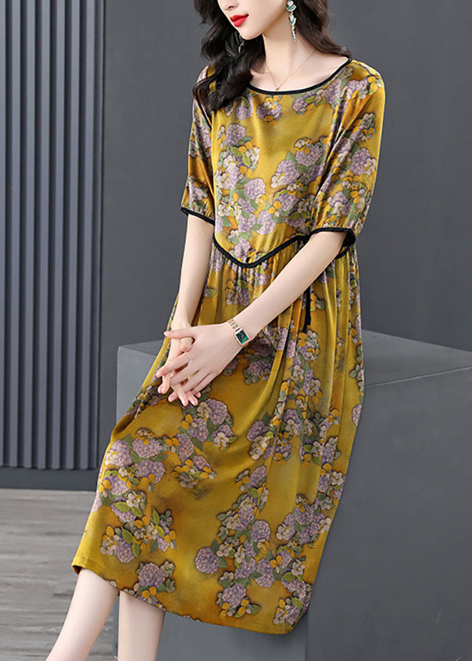 Modern Yellow O-Neck Wrinkled Asymmetrical Print Silk Vacation Dress Short Sleeve