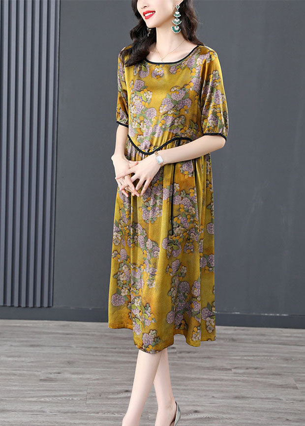 Modern Yellow O-Neck Wrinkled Asymmetrical Print Silk Vacation Dress Short Sleeve