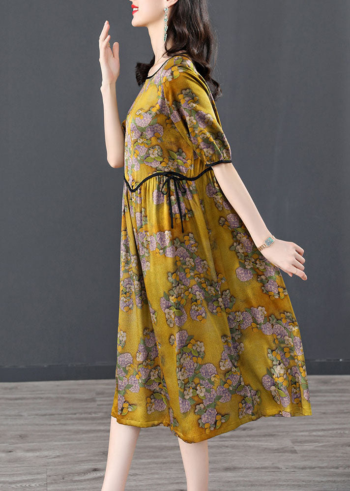 Modern Yellow O-Neck Wrinkled Asymmetrical Print Silk Vacation Dress Short Sleeve