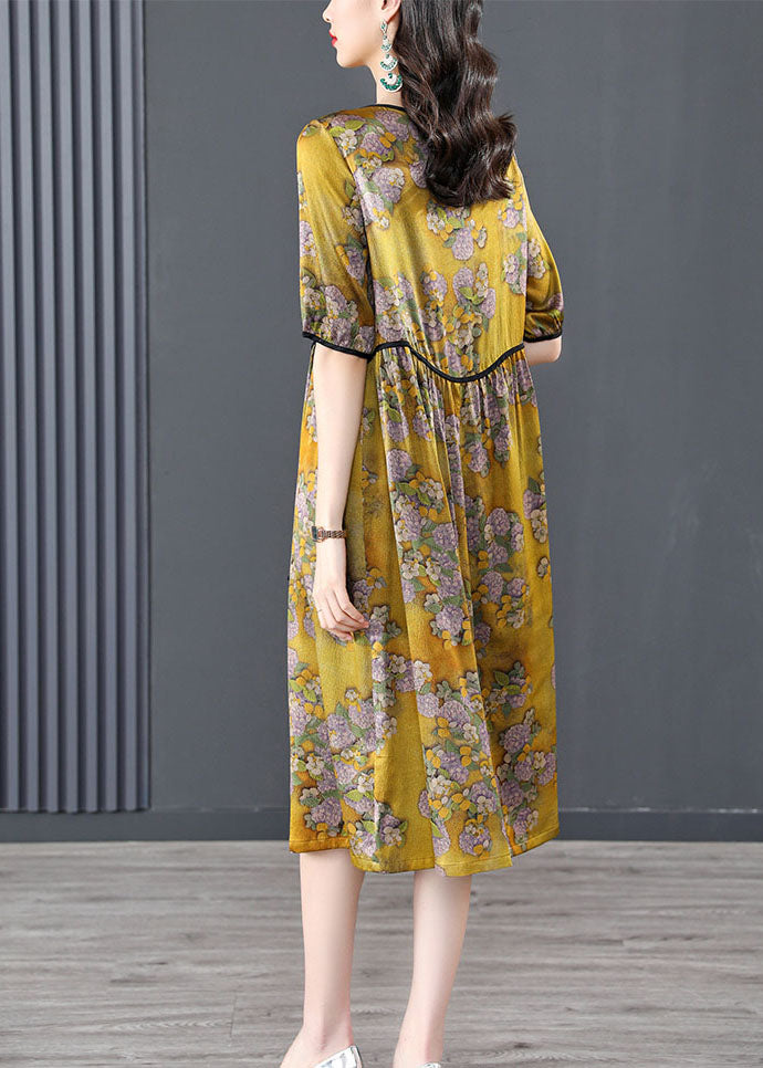 Modern Yellow O-Neck Wrinkled Asymmetrical Print Silk Vacation Dress Short Sleeve