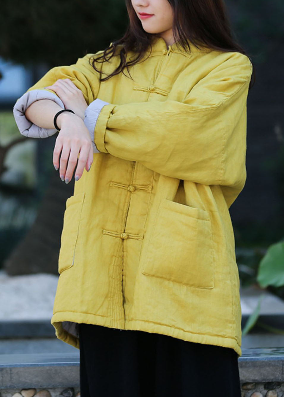 Modern Yellow Stand Collar Oversized Fine Cotton Filled Coats Winter