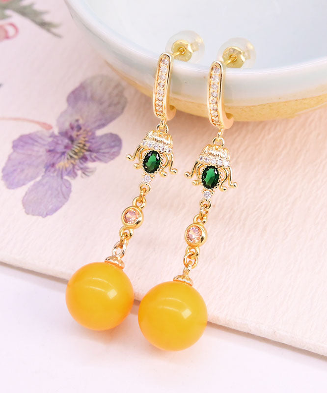 Modern Yellow Sterling Silver Amber Beeswax Ball Drop Earrings