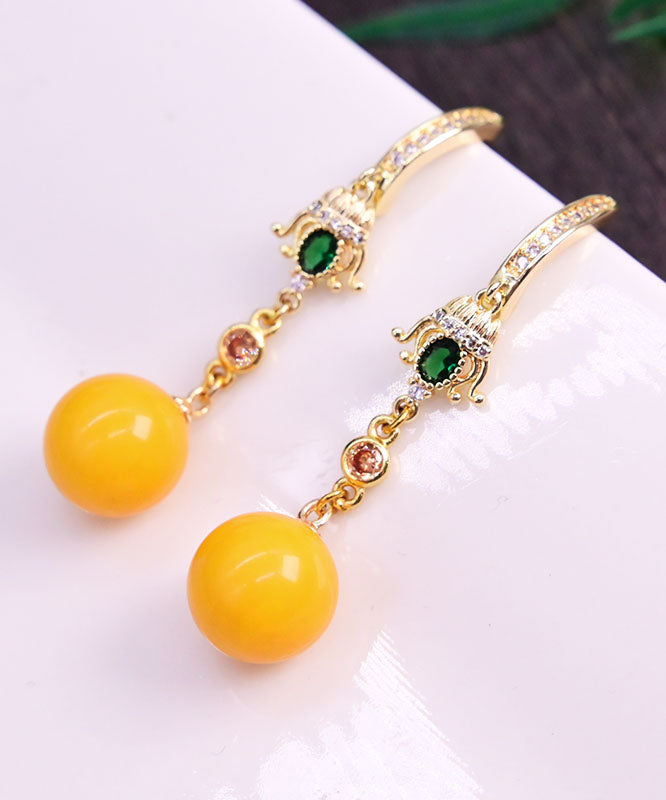 Modern Yellow Sterling Silver Amber Beeswax Ball Drop Earrings