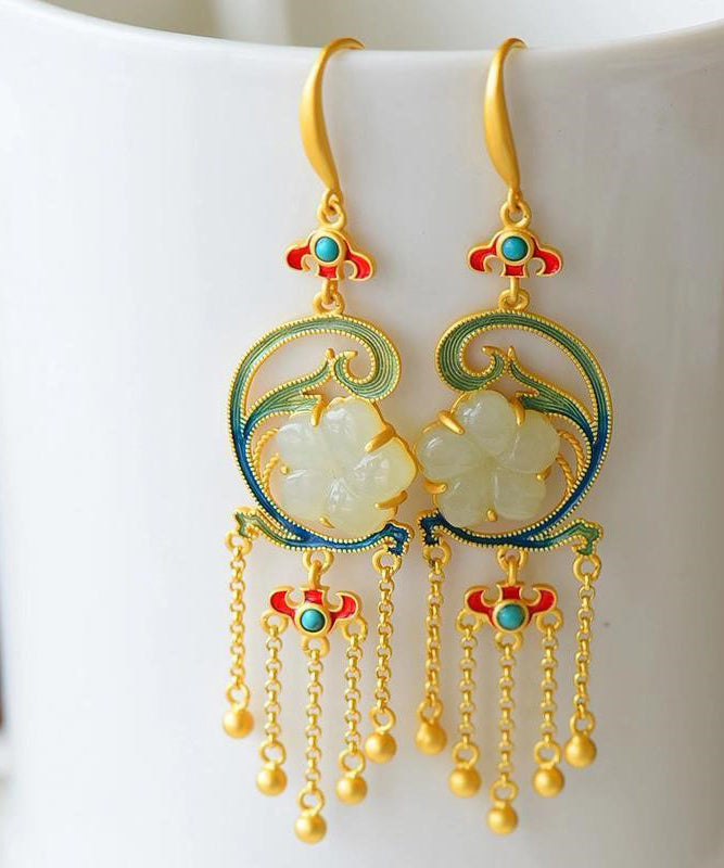 Modern Yellow Sterling Silver Inlaid Jade Turquoise Drop Earrings