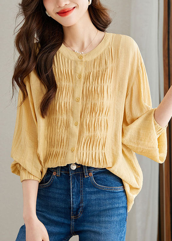 Modern Yellow Wrinkled Button Patchwork Chiffon Top Long Sleeve