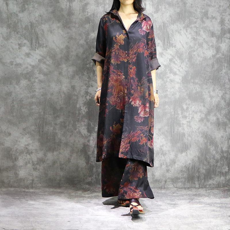Modern and wide leg pants silk dresses black prints Maxi Dresses two pieces summer - Omychic