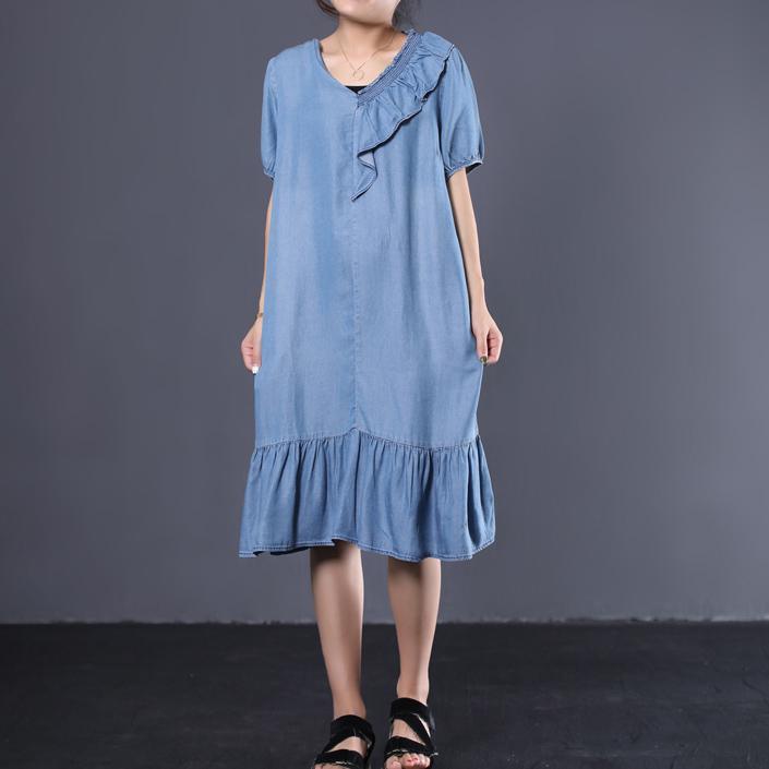 Modern asymmetric ruffles cotton dresses Shirts blue  Plus Size Dress summer - Omychic