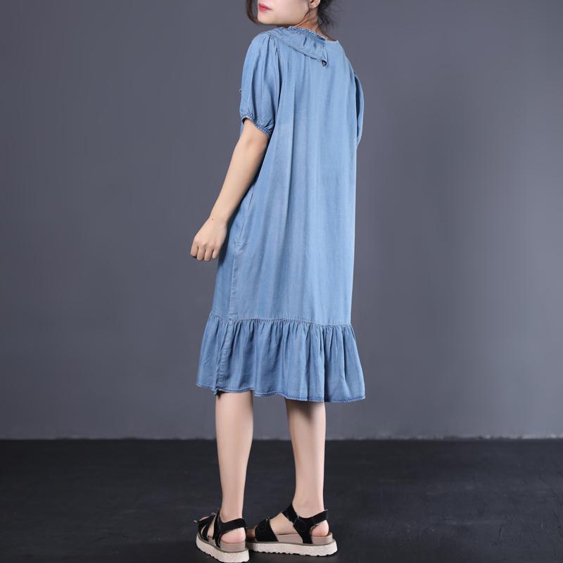 Modern asymmetric ruffles cotton dresses Shirts blue  Plus Size Dress summer - Omychic