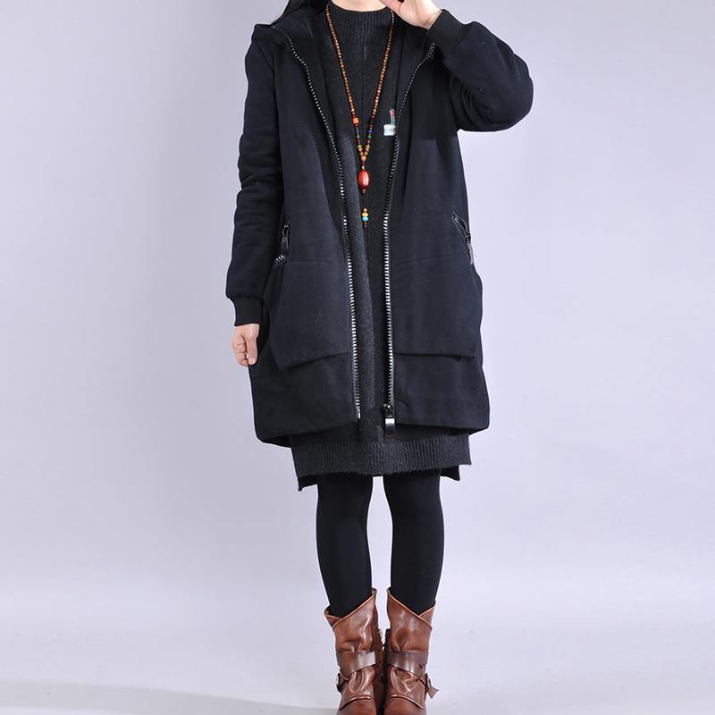 Modern black Fine Coats Women Wardrobes hooded zippered outwear - Omychic
