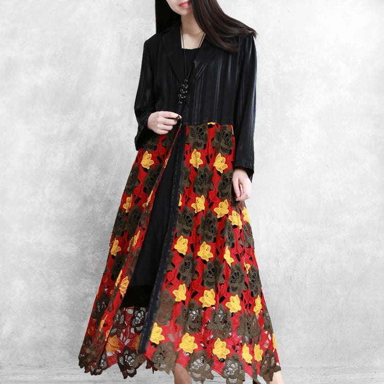 Modern black red print Plus Size coats women Work Outfits Notched hollow out coat - Omychic