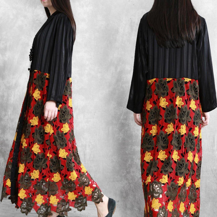 Modern black red print Plus Size coats women Work Outfits Notched hollow out coat - Omychic