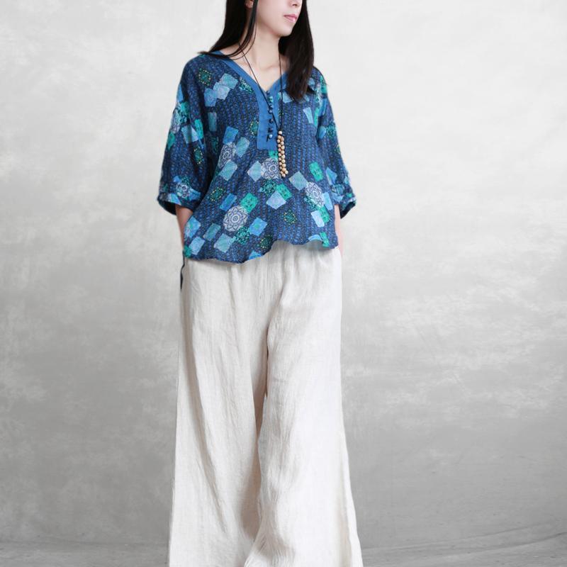 Modern blue print linen Blouse v neck half sleeve box prints summer blouse - Omychic