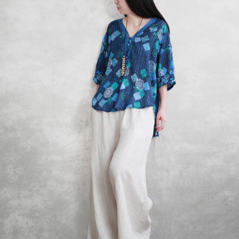 Modern blue print linen Blouse v neck half sleeve box prints summer blouse - Omychic