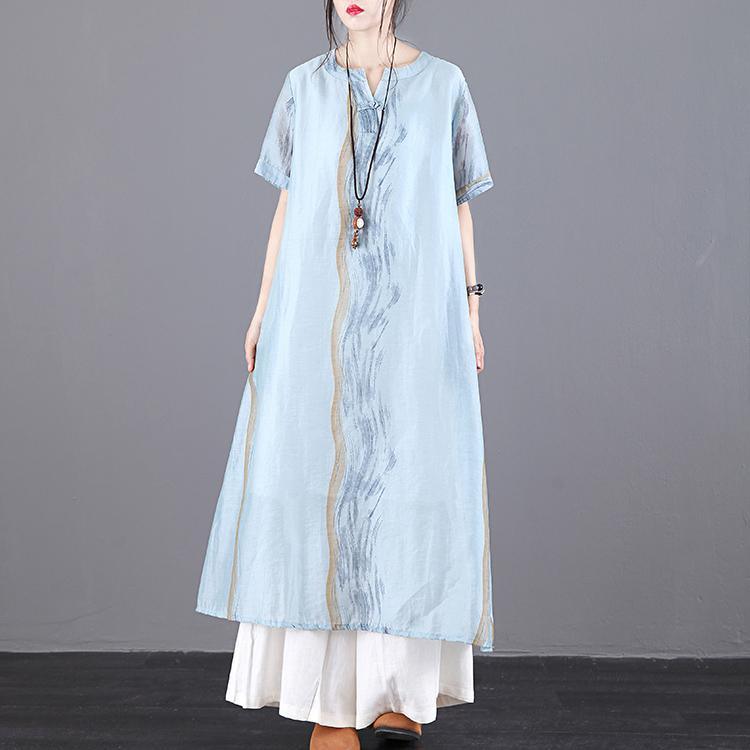 Modern blue print linen Robes o neck pockets summer Dress - Omychic