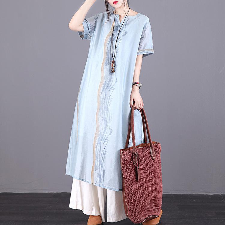 Modern blue print linen Robes o neck pockets summer Dress - Omychic