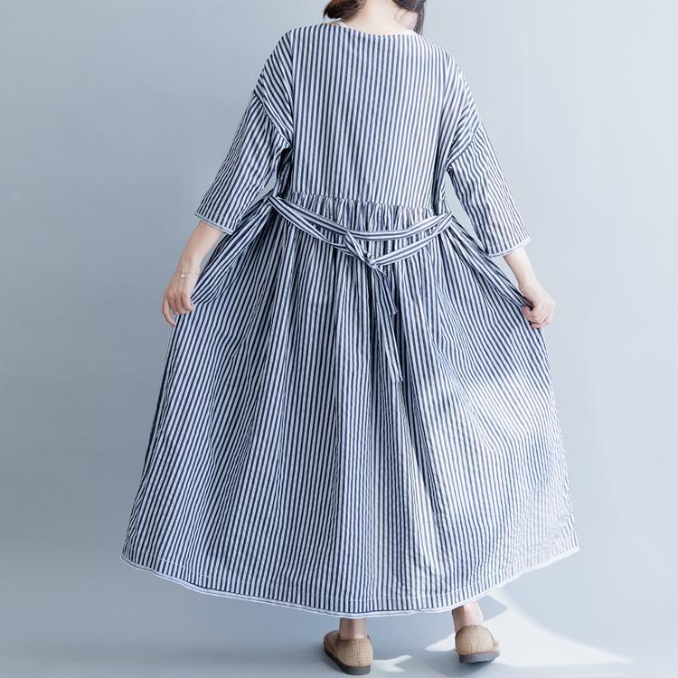 Modern Blue Striped Cotton Clothes Women Stitches Neckline O Neck Three Quarter Sleeve Kaftan Spring Dress - Omychic