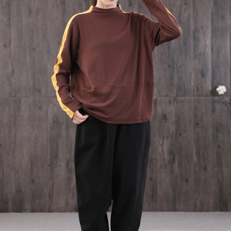 Modern brown cotton linen tops women high neck patchwork cotton blouse - Omychic