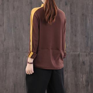 Modern brown cotton linen tops women high neck patchwork cotton blouse - Omychic