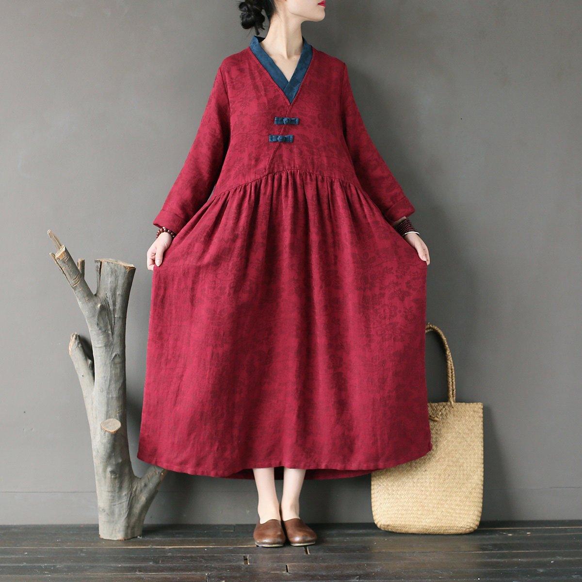Modern burgundy linen clothes For Women Metropolitan Museum Outfits loose asymmetric v neck patchwork Dresses - Omychic