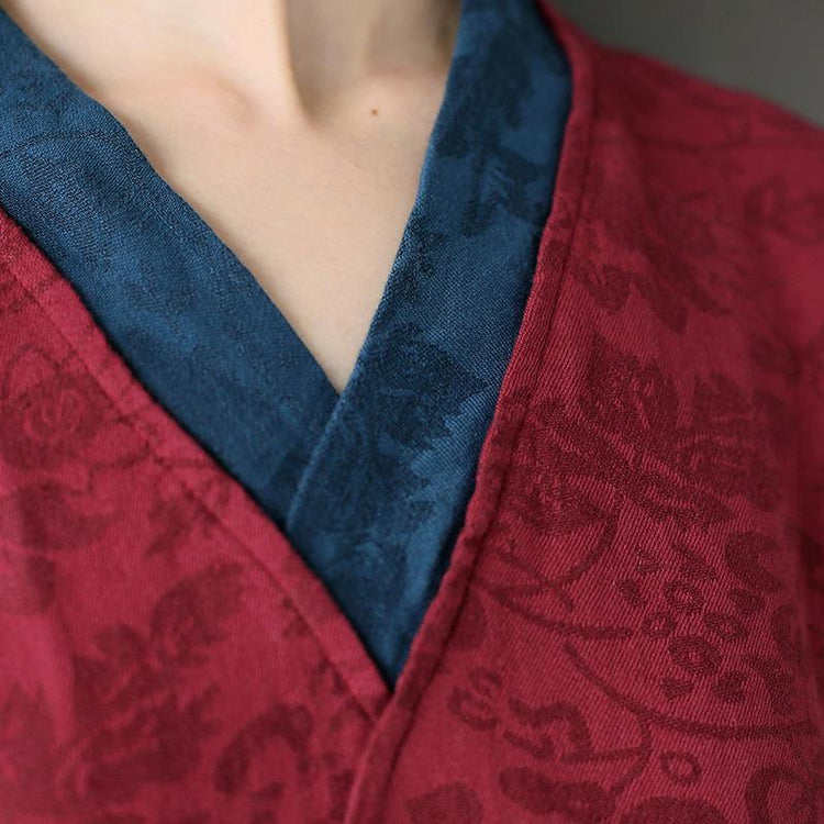 Modern burgundy linen clothes For Women Metropolitan Museum Outfits loose asymmetric v neck patchwork Dresses - Omychic