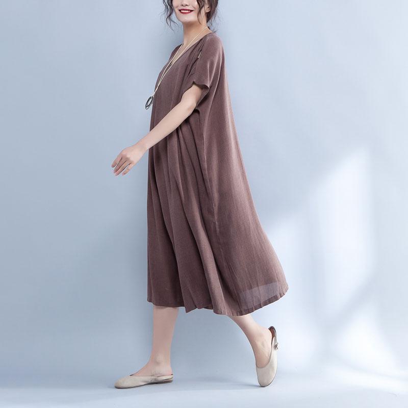 Modern cotton Tunic plus size V Neck Shoulder Sleeve Summer Loose Cotton Dress - Omychic