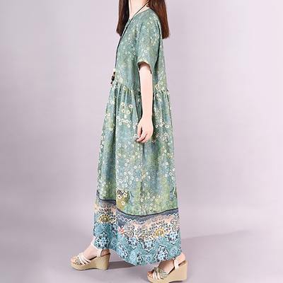 Modern cotton linen clothes For Women Organic Fashion Short Sleeve Printed Maxi Dress - Omychic