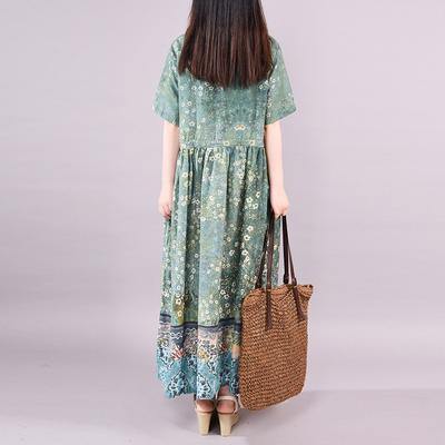 Modern cotton linen clothes For Women Organic Fashion Short Sleeve Printed Maxi Dress - Omychic