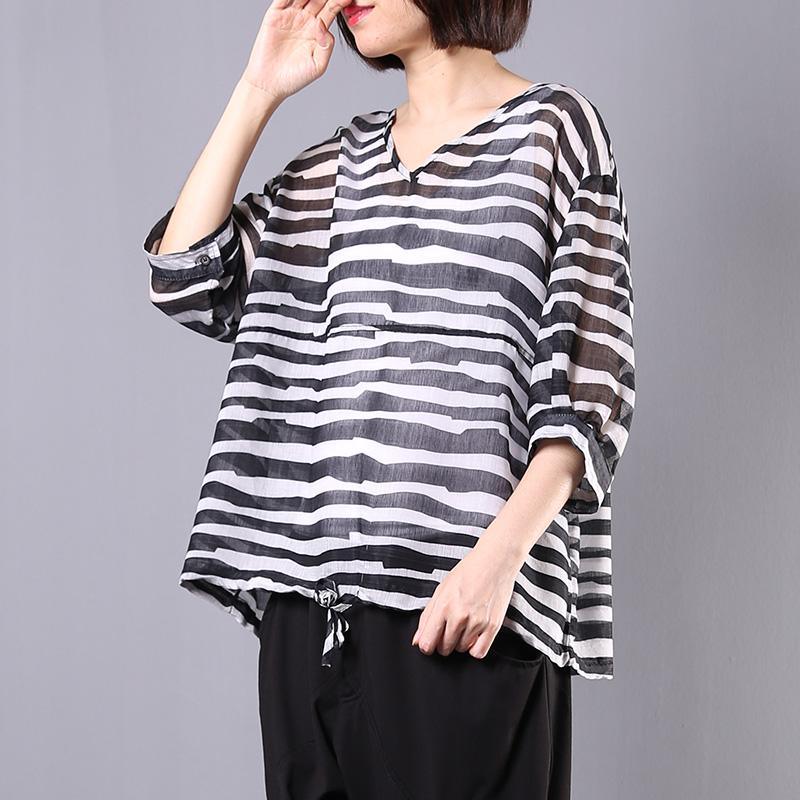 Modern drawstring hem linen clothes Photography black striped blouse v neck - Omychic