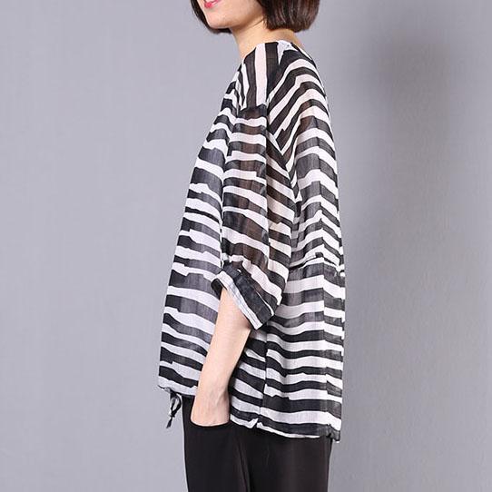 Modern drawstring hem linen clothes Photography black striped blouse v neck - Omychic