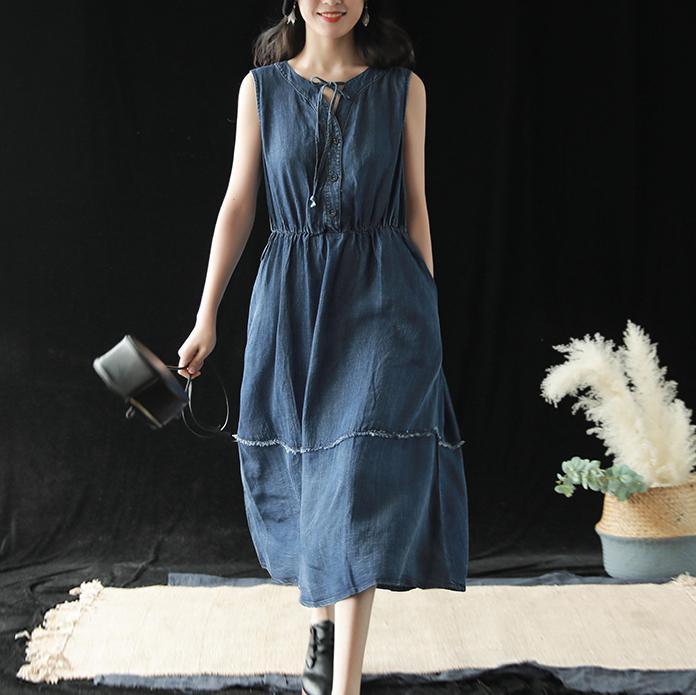 Modern drawstring pockets cotton dresses Fashion denim blue cotton robes Dress summer - Omychic