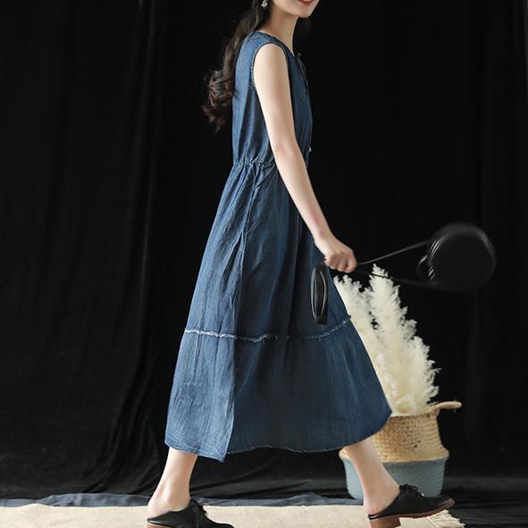 Modern drawstring pockets cotton dresses Fashion denim blue cotton robes Dress summer - Omychic