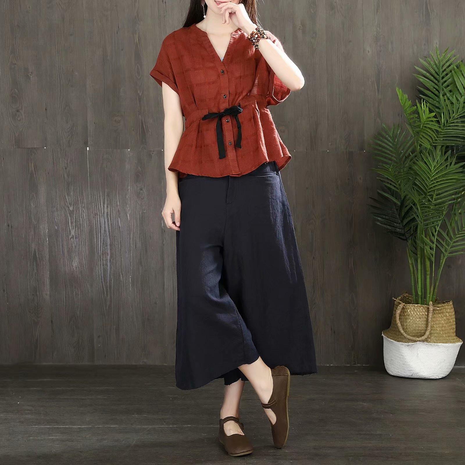 Modern drawstring waist cotton linen clothes For Women Caramel cotton blouses summer - Omychic