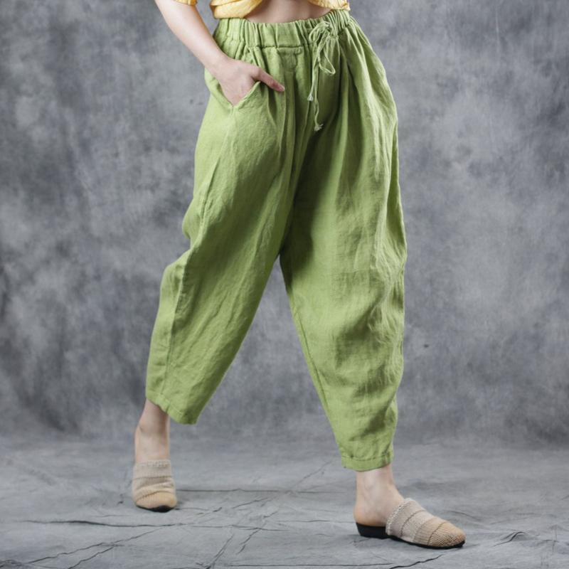 Modern elastic waist harem pants linen Photography green pants summer - Omychic