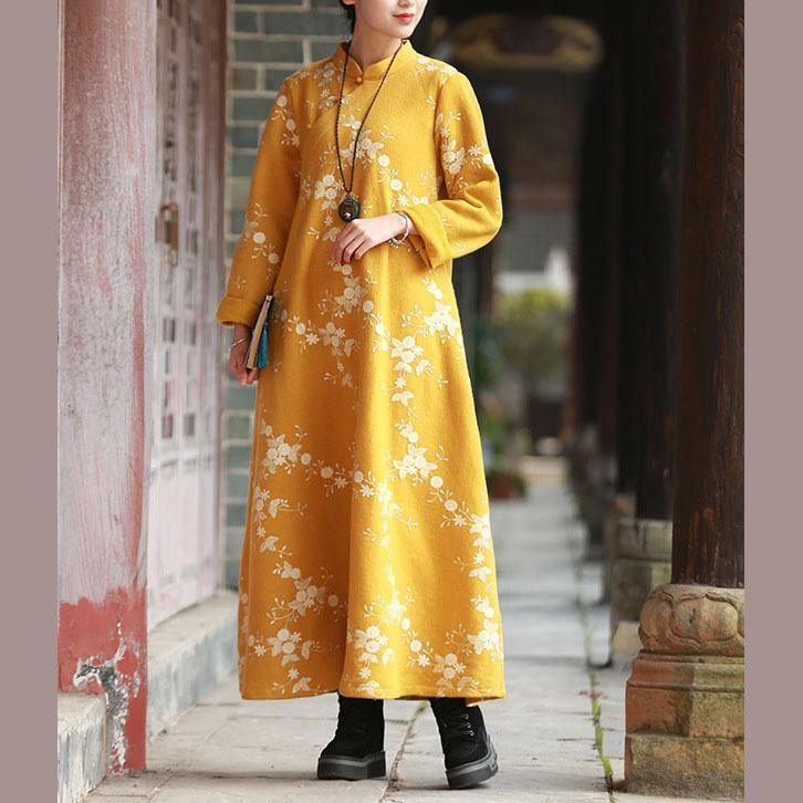 Modern embroidery cotton Long Shirts Neckline yellow long Dresses fall - Omychic
