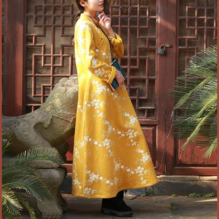 Modern embroidery cotton Long Shirts Neckline yellow long Dresses fall - Omychic