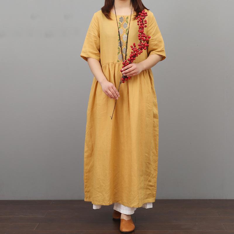 Modern embroidery linen outfit Cotton yellow Dress wrinkled summer - Omychic
