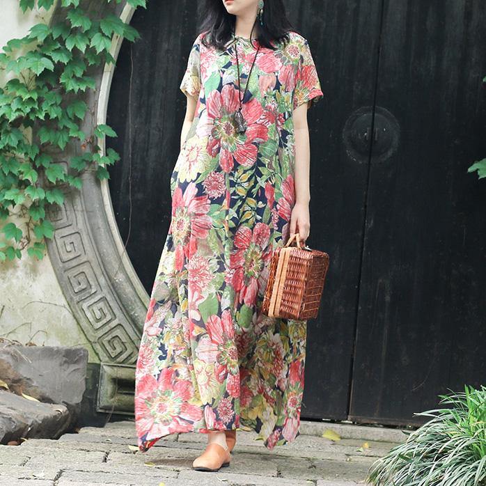 Modern floral Robes Korea Work Outfits o neck Chinese Button long Summer Dress - Omychic
