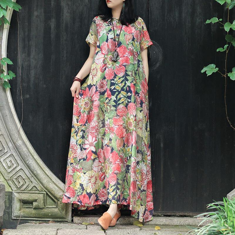 Modern floral Robes Korea Work Outfits o neck Chinese Button long Summer Dress - Omychic