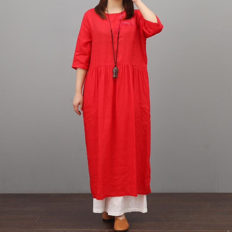 Modern half sleeve embroidery linen clothes For Women pattern red Dresses summer - Omychic