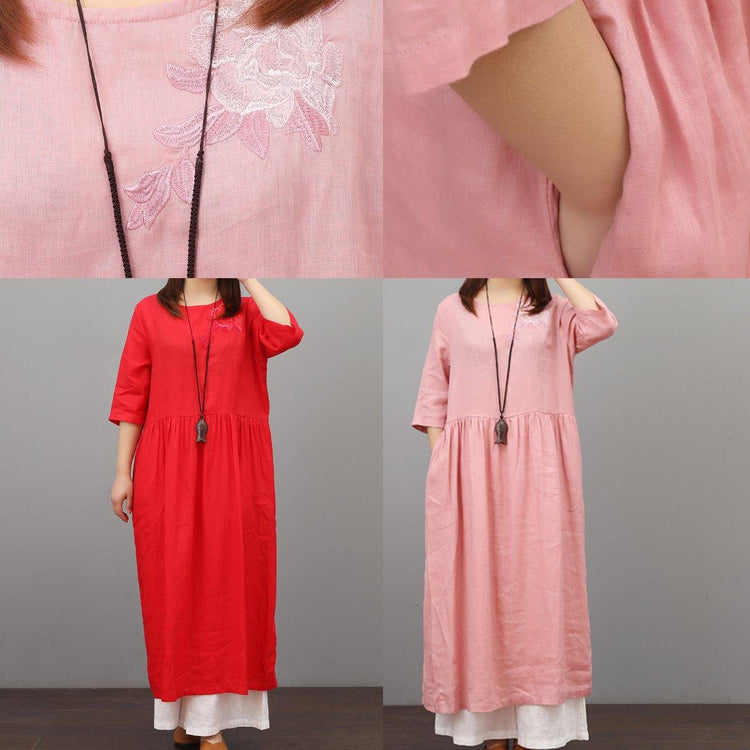 Modern half sleeve embroidery linen clothes For Women pattern red Dresses summer - Omychic
