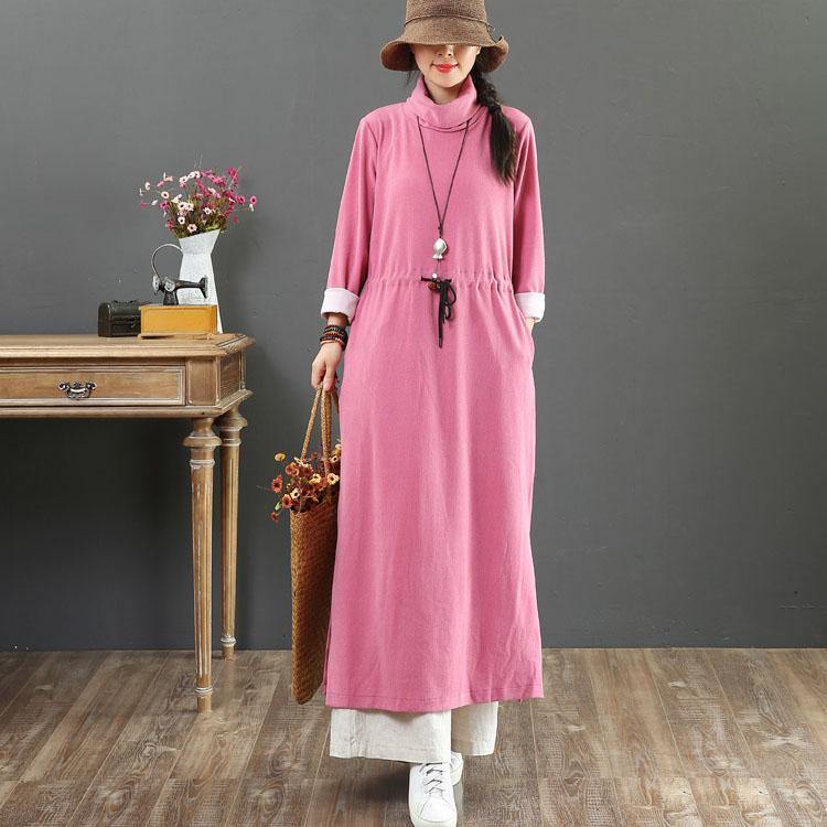 Modern high neck elastic waist cotton clothes Outfits rose Maxi Dress fall - Omychic
