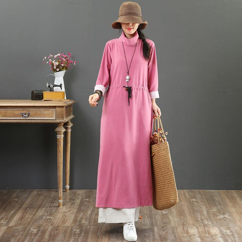 Modern high neck elastic waist cotton clothes Outfits rose Maxi Dress fall - Omychic