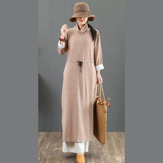 Modern high neck elastic waist cotton dresses Work Outfits khaki Art Dress fall - Omychic