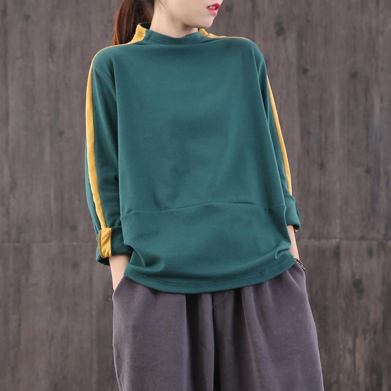 Modern high neck patchwork cotton clothes For Women Shirts green tops - Omychic
