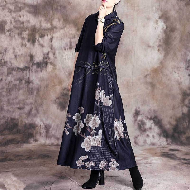 Modern high neck patchwork fall quilting dresses Work Outfits black print Robe Dresses - Omychic