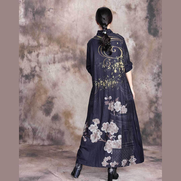 Modern high neck patchwork fall quilting dresses Work Outfits black print Robe Dresses - Omychic