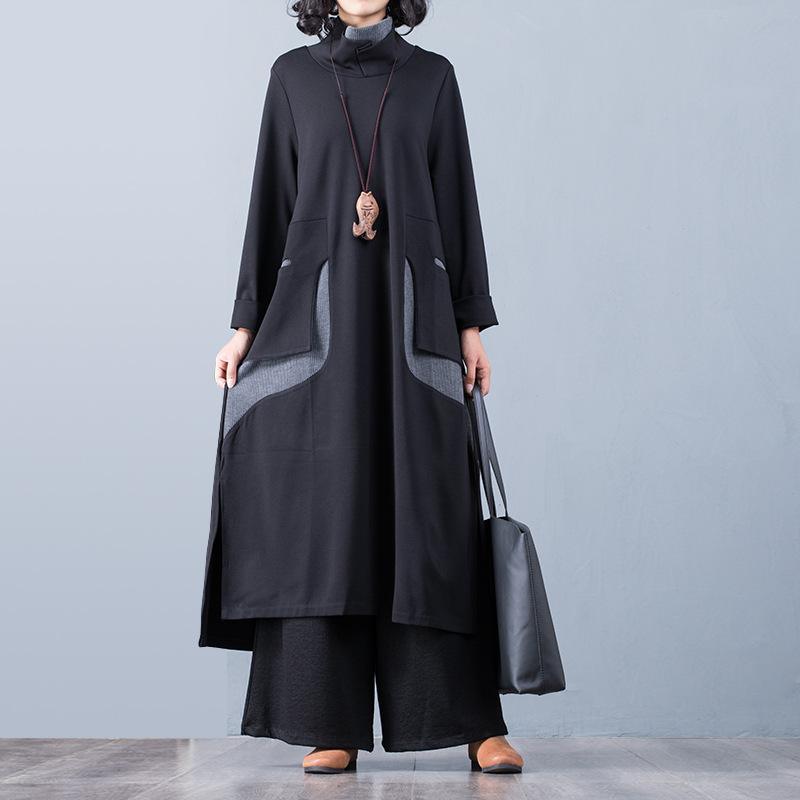 Modern high neck winter cotton side open dress Runway gray patchwork Kaftan Dress - Omychic