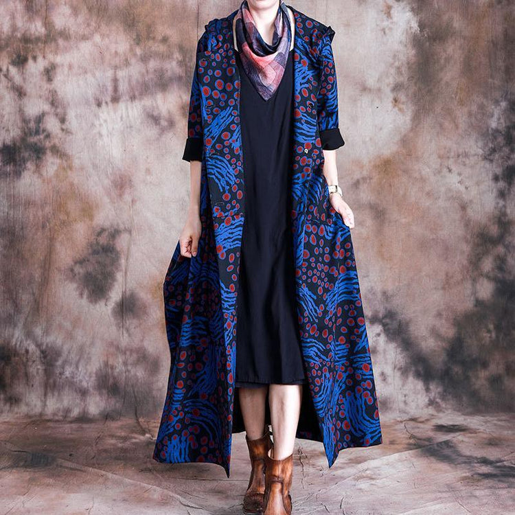 Modern hooded Fashion patchwork tunic coats blue prints daily outwears - Omychic