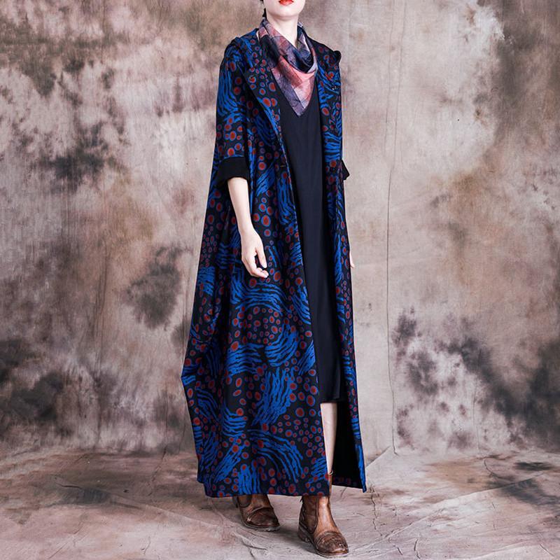 Modern hooded Fashion patchwork tunic coats blue prints daily outwears - Omychic